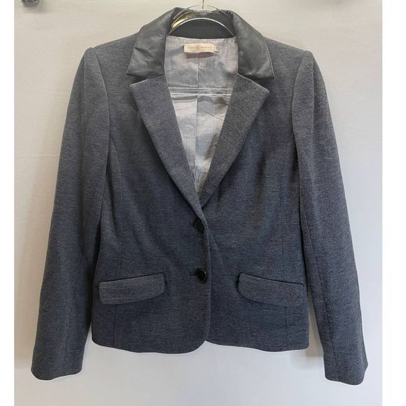 Tory Burch Gray & Black Wool Blend Blazer with Faux Leather Collar - Picture 1 of 7